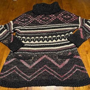 Lucky Brand Womens Pullover Sweater Multicolor Aztec Tunic Style Wool Blend Sz L